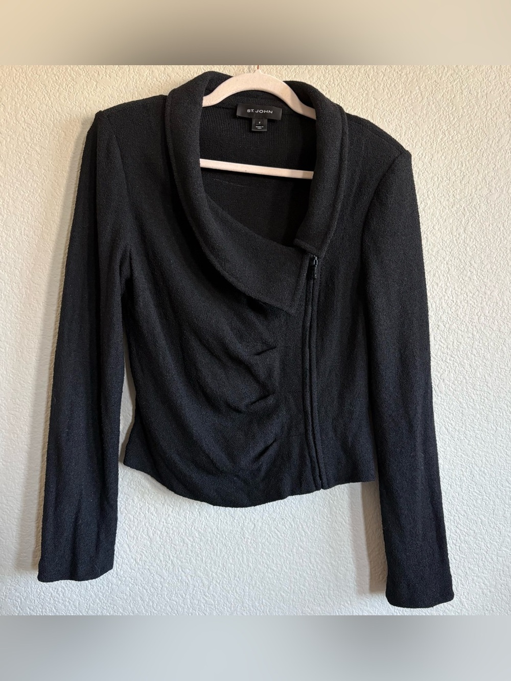 St. John Black Draped Zip Front Turtleneck Sweater Jacket